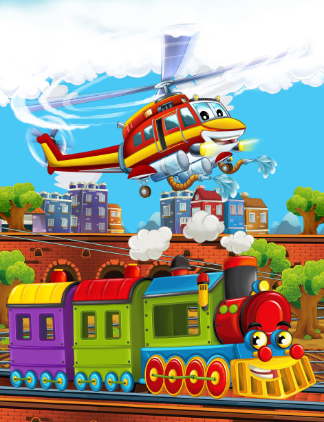 卡通滑稽的蒸汽火车在火车站附近的城市和飞行消防员直升机图片下载