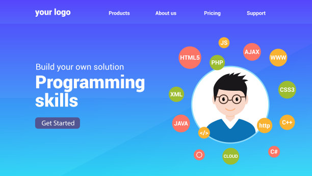 程序员平面设计图形说明。电脑极客编程软件培训网站横幅概念图片下载
