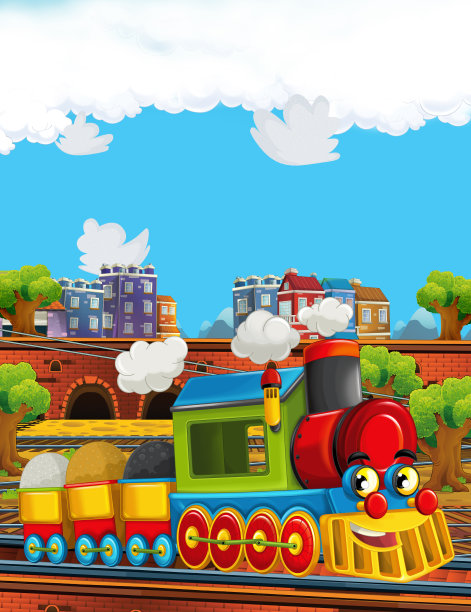 卡通有趣的蒸汽火车在火车站附近的城市图片下载