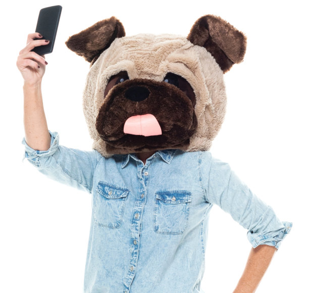 正面视图/一人/腰部以上/成年漂亮的棕色头发白人女性/年轻女性/中年成年女性/中年照片站着戴面具-伪装/服装/狗套装/纽扣衬衫/衬衫/裤子/狗图片下载