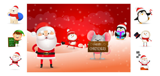 圣诞老人和助手们的圣诞贺卡图片下载