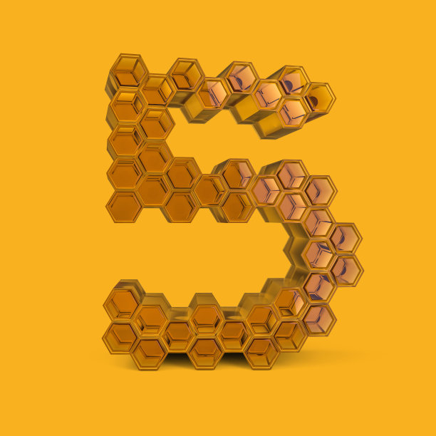 5号。数字信号。黄色背景上的蜂蜜字体。3 d图片下载