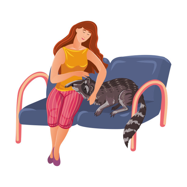 可爱的女人和她的浣熊坐在候诊室等着看兽医。矢量彩色插图卡通风格图片下载