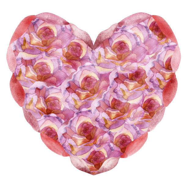 水彩手画浪漫的花卉组成与粉红色的玫瑰花束心形在白色的背景为圣瓦伦丁节节日庆祝卡，婚礼请柬图片下载