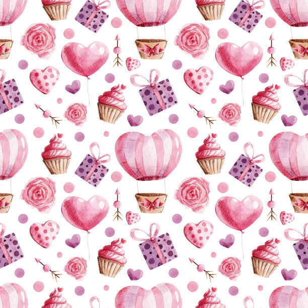 水彩无缝图案的情人节。最适合织物，纺织品，印刷品，包装纸，礼品盒，爱磨砂卡片，背景，壁纸图片下载