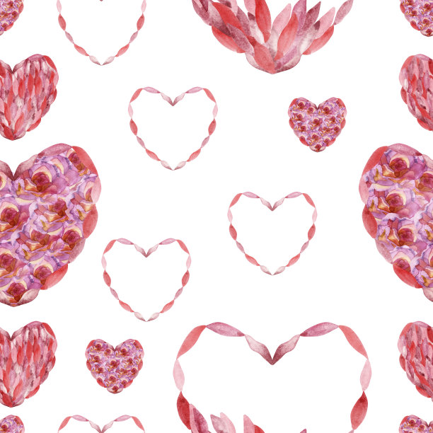 水彩手绘浪漫的自然花卉无缝模式与粉红色的花瓣和玫瑰花束心形孤立在白色的背景为圣情人节的爱情卡片和纺织品图片下载