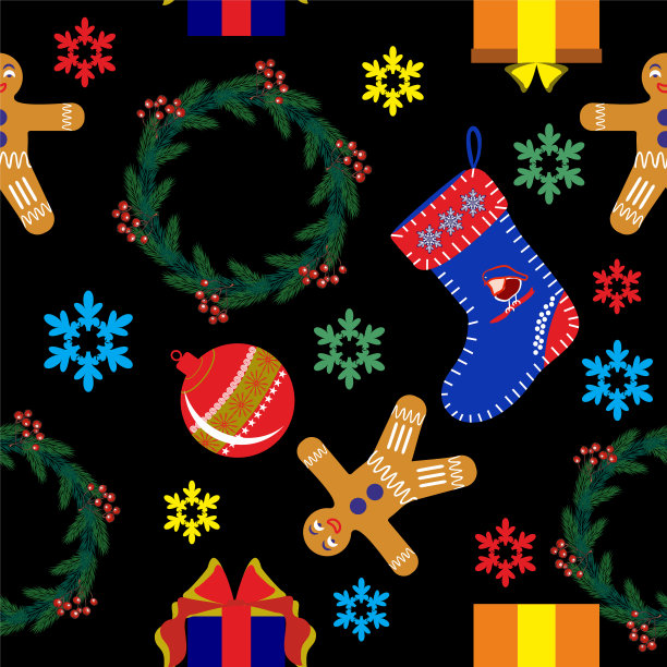 圣诞节无缝模式。黑色背景上的插图。图片下载