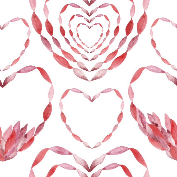 水彩手绘浪漫的自然花卉无缝模式与粉红色的花瓣和玫瑰花束心形孤立在白色的背景为圣情人节的爱情卡片和纺织品图片下载