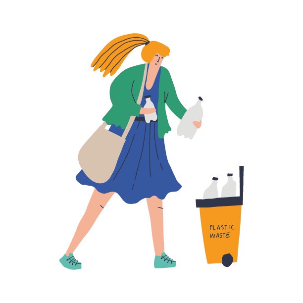 女孩扔塑料垃圾平面矢量人物。垃圾分类和分类的概念。不可回收材料的利用和再利用手绘插图。女人与环保袋孤立在白色图片下载