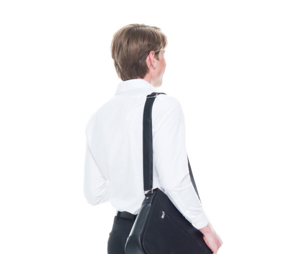 一人/后视图/腰部以上20-29岁的成年英俊的人白种青年男子/男性商人/商务人士穿着纽扣衬衫/衬衫/裤子/肩包/邮差包/挎包-包和拿着咖啡杯/包图片下载