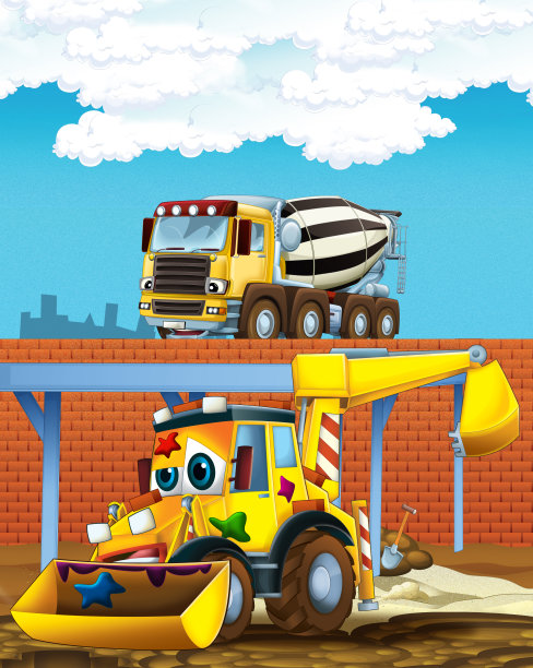 工地上挖掘机、混凝土搅拌机或装载机的卡通场景图片下载