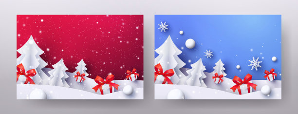 两套美丽的红色和蓝色的圣诞背景与可爱的纸冷杉，雪堆，礼物，雪球，雪花，飘落的雪。图片下载