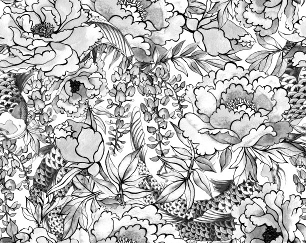 亚洲无缝图案有日本鲤鱼、中国樱花、东方扇日本花灯。用亚洲传统符号绘制水彩插图图片下载