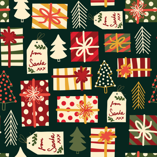 圣诞礼盒，树和标签无缝矢量背景。重复图案与包裹呈现金、红、白、绿。圣诞节日礼盒设计斯堪的纳维亚风格的织物，装饰图片下载