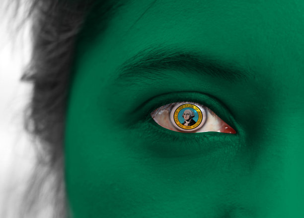 人脸绘制的华盛顿国旗与州印章的中心眼睛或眼球。图片下载