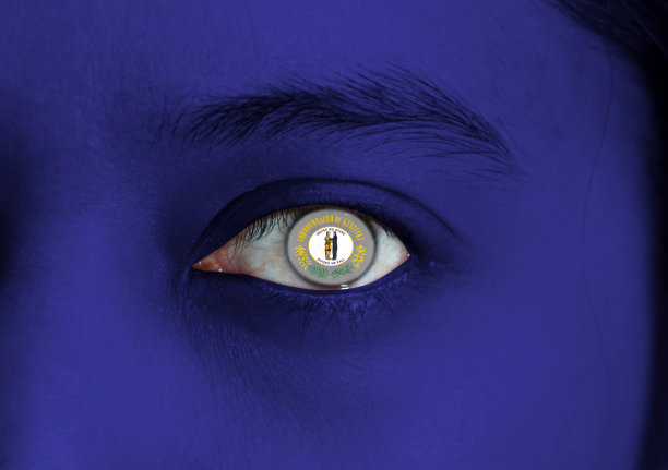 人脸画在肯塔基州国旗上，眼睛的中央或眼球上有联邦的印章。图片下载