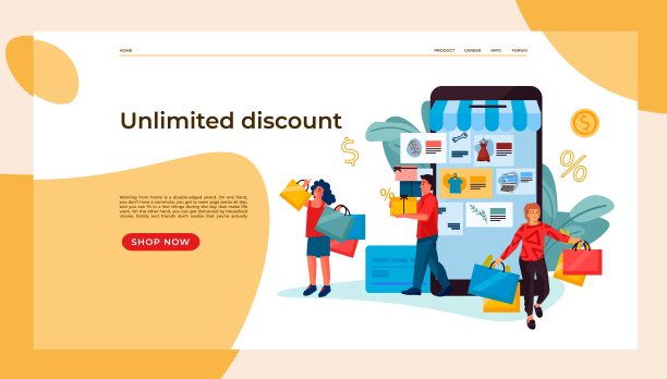 购物人士登陆页面。时尚人士在购物中心和在线手机购物。矢量电子商务网页与卡通人物图片下载