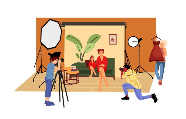平面摄影工作室。卡通摄影师和模特在工作室用专业的灯光和相机拍照。向量的场景图片下载