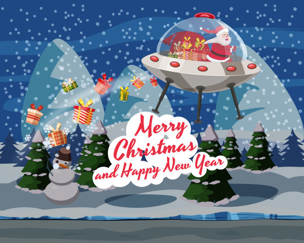 圣诞老人在森林冬夜飞碟飞船飞碟与礼物盒飞行快乐。矢量插图孤立卡通风格图片下载