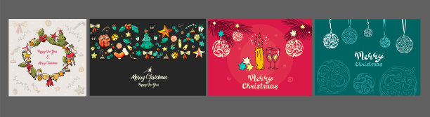 可爱的手绘涂鸦圣诞卡，小册子，明信片与鹿，圣诞树，礼物，雪花，球，雪。圣诞节日背景，元素。图片下载