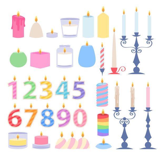 五彩缤纷的各式蜡烛和烛台。图片下载