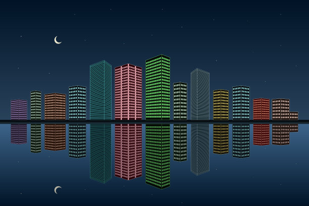 大城市的霓虹灯。倒影在水里。矢量图图片下载