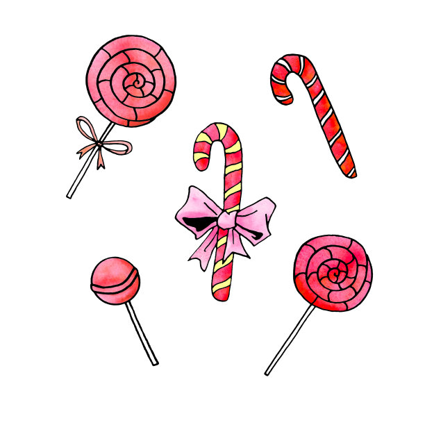设置水彩糖果手杖，糖果，棒棒糖。新年圣诞假期线画，涂鸦，素描，手绘。简单的彩色插图贺卡，邀请卡，日历，印刷品图片下载