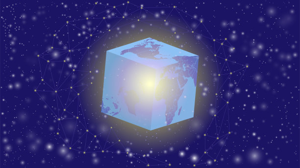 背景是星空和行星地球的立方体形式。图片下载