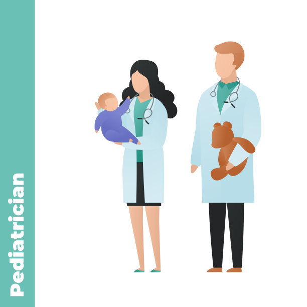 时尚扁平医疗人物矢量插画：白底男女医生团队、制服、听诊器、玩具熊与儿童，儿科图片下载