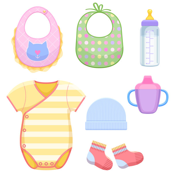一套婴儿衣服和喂养配件。图片下载