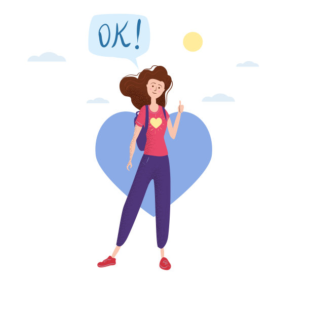 拇指向上的快乐少女。学生用背包泡好了。矢量时尚平面卡通风格，插画。心的背景图片下载