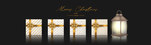 圣诞横幅或标题背景。圣诞庆祝黑色豪华设计与礼物。寒假的概念。现实礼盒与金色丝带和蝴蝶结在反射表面。矢量插图。图片下载