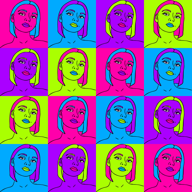 矢量图案与霓虹灯方形颜色与女性线条艺术。女孩的态度。是不同的。十几岁的时装设计。图片下载