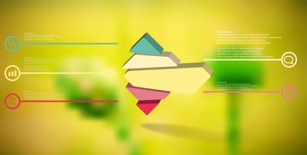 3D插图信息图模板。浮雕菱形随机分为五个颜色部分。物体被安排在模糊的照片背景上。图片下载