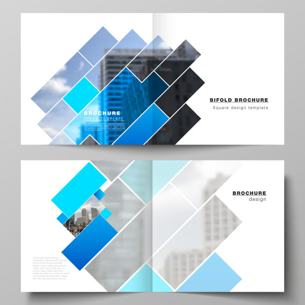 矢量插图布局的两个封面模板为方形设计双折宣传册，杂志，传单，小册子。抽象几何图案创意现代蓝色背景与矩形。图片下载