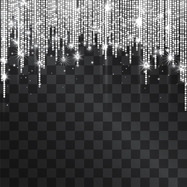 豪华的银白色闪闪发光的金属框与闪亮的五彩纸屑。发光的花边装饰花环，昂贵的节日概念。窗帘金属发光拱形邀请海报，聚会传单。图片下载