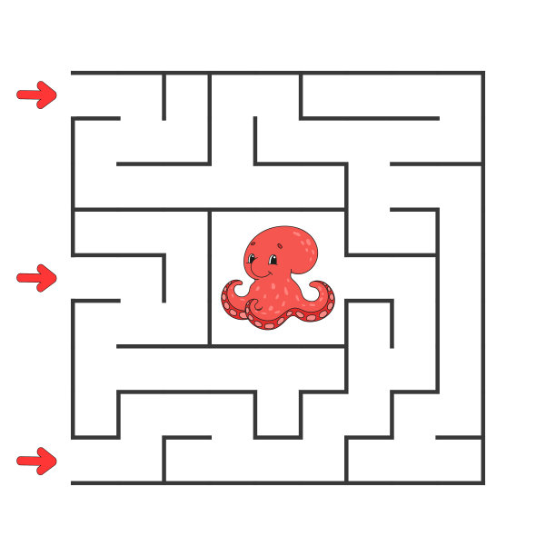 有趣的方形迷宫。游戏对孩子。对儿童拼图。卡通人物。迷宫难题。颜色向量插图。找到正确的道路。逻辑思维和空间思维的发展。图片下载