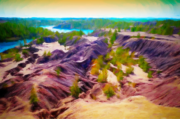 戏剧性的沙漠山丘与树木景观插图图片下载