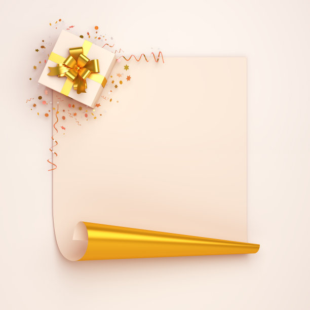 新年快乐横幅或生日派对卡片设计创意概念，礼品盒，金色白色卷纸上闪闪发光的五彩纸屑背景。复制空格文本区图片下载