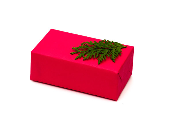 红色的圣诞礼盒装饰以冷杉树枝在白色的背景。圣诞节、新年、寒假概念图片下载