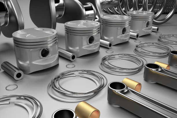 3 d渲染。带有活塞和活塞环的发动机轴承曲轴。图片下载