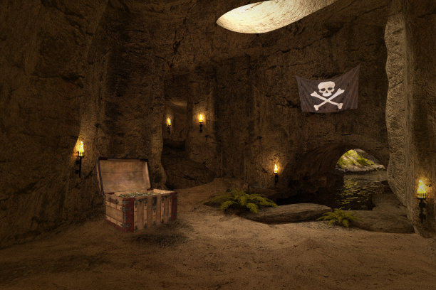 隐藏的海盗洞穴与火炬和宝藏，3d渲染。图片下载