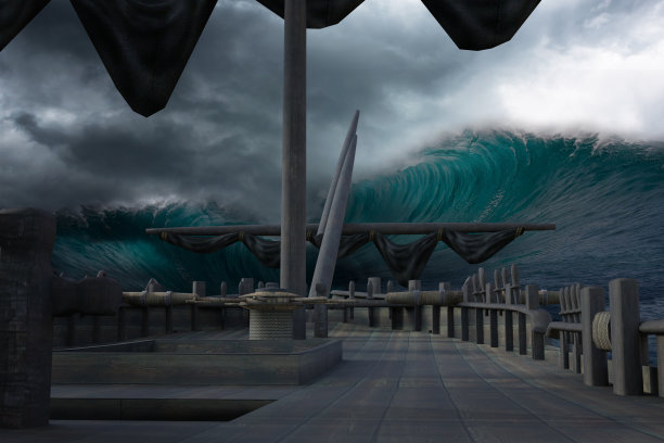 一艘海盗船在巨浪中撞击，3d渲染。图片下载