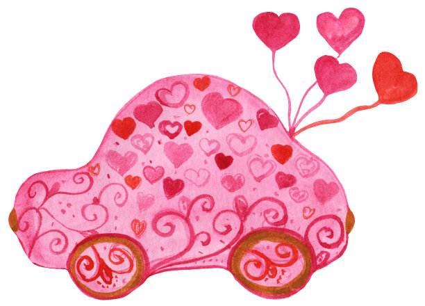 水彩画的粉红色汽车与心和装饰。情人节手绘。心形的珠子。图片下载