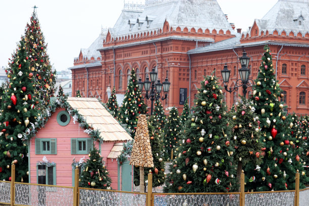 莫斯科管理广场上的圣诞树和玩具屋，俄罗斯的新年庆祝活动图片下载