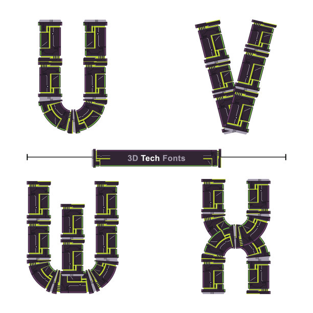 字母排版字体3D绿色技术风格在一套UVWX图片下载
