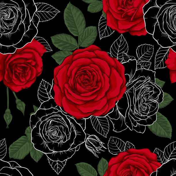 美丽的复古无缝图案与红，黑，白玫瑰。设计贺卡和婚礼、生日、情人节、母亲节等节日的请柬。图片下载