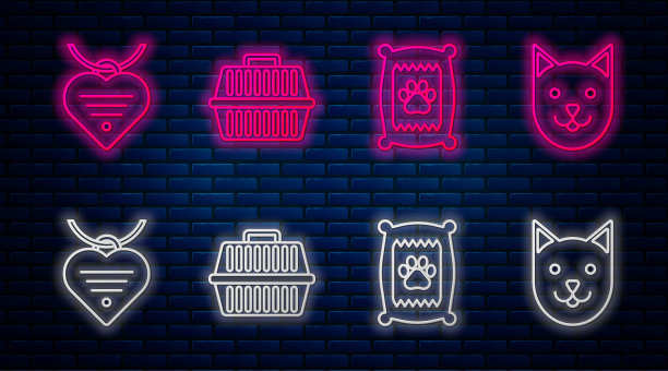 系列宠物手提袋，狗粮袋，带胸牌的项圈，心形项圈和猫咪项圈。砖墙上发光的霓虹灯图标。向量图片下载