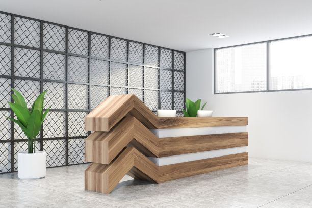白色和金属办公角落的木质接待图片下载