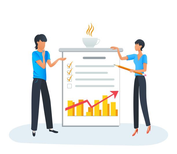 卡通商务人士开会讨论公司的商业计划，有图表的董事会，市场调查，项目计划和管理，演示和头脑风暴素材图片